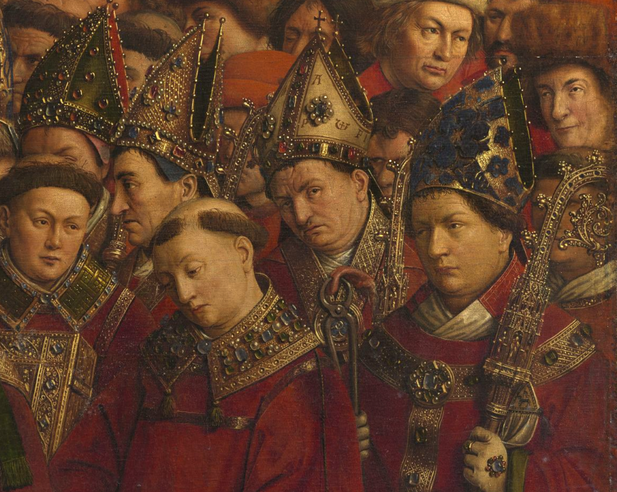 In the foreground right, Saint Livinius of Ghent who was martyred by having his tongue cut out and then his head cut off (detail), Adoration of the Mystic Lamb, Jan van Eyck, Ghent Altarpiece (open), completed 1432, oil on wood, 11 feet 5 inches x 15 feet 1 inch (open), Saint Bavo Cathedral, Ghent, Belgium (photo: Closer to Van Eyck)